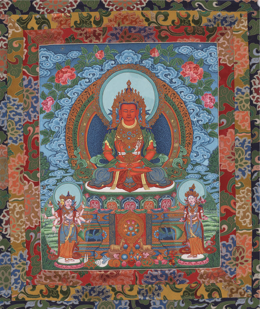 Gandhanra Tibetan Thangka Art - Amitayus - the Buddha of Longevity - from Kathok Monastery - Giclee Print with Mineral Pigments