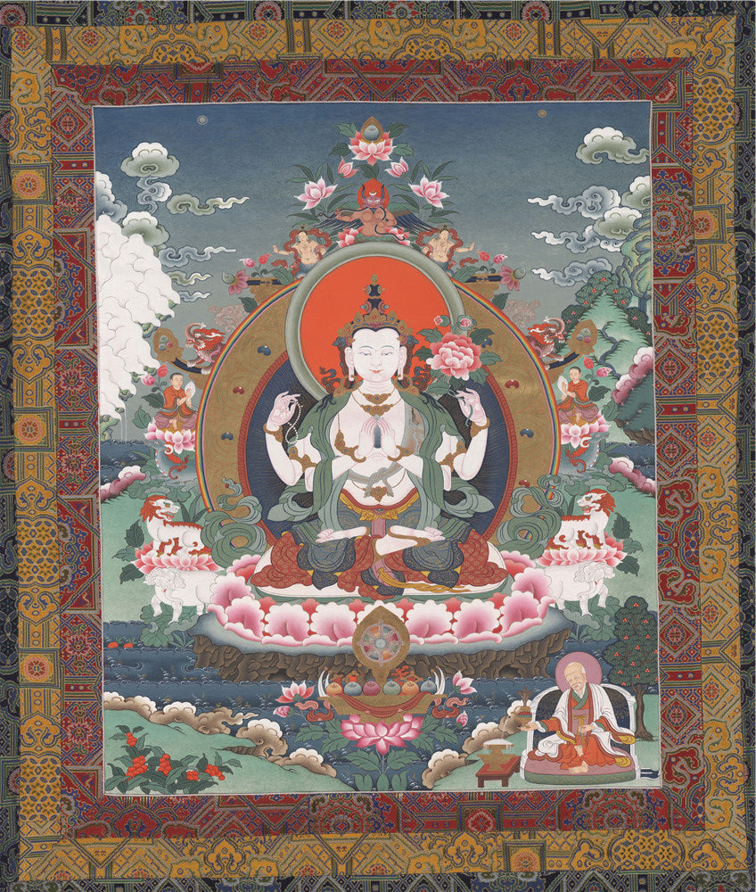 Gandhanra Tibetan Thangka Art - Chenrezig - Padmapani - from Kathok Monastery - Giclee Print with Mineral Pigments