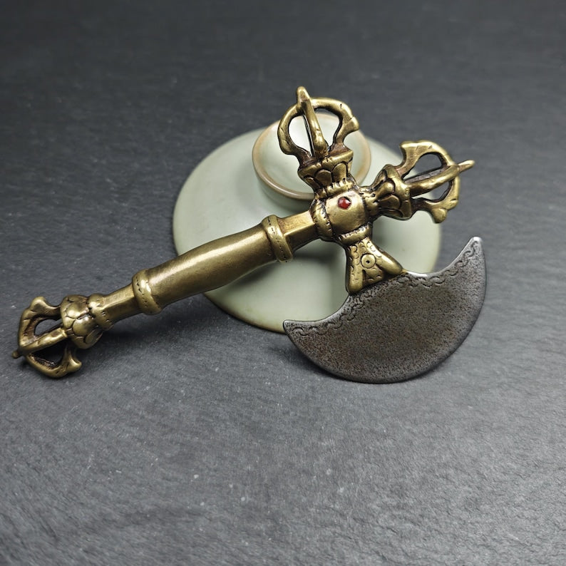 Cross Vajra Kartika - Gandhanra Handmade Tibetan Buddhist Ritual Implement - Made of Cold Iron and Copper - 12cm