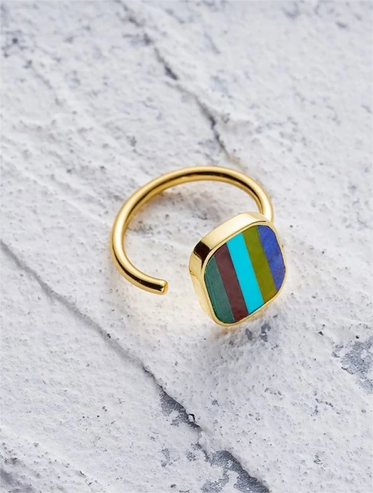 Five-Color Natural Gemstone Ring Tibetan Ring | Adjustable US Size 6