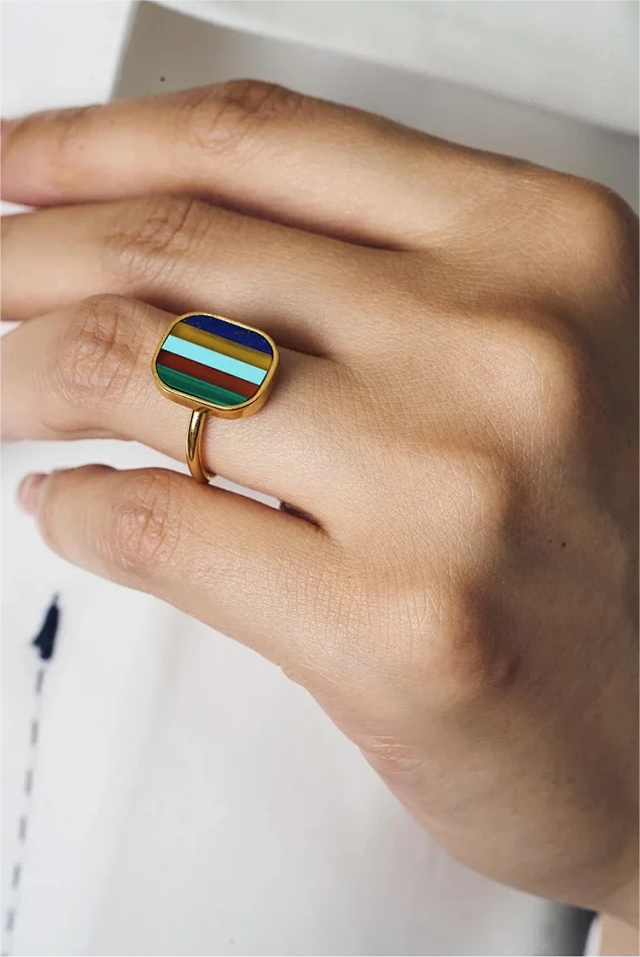 Five-Color Natural Gemstone Ring Tibetan Ring | Adjustable US Size 6