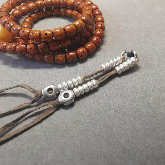 5mm Sterling Silver Prayer Bead Counters with Mantra Dot Pendant - Tibetan Buddhist art, front view