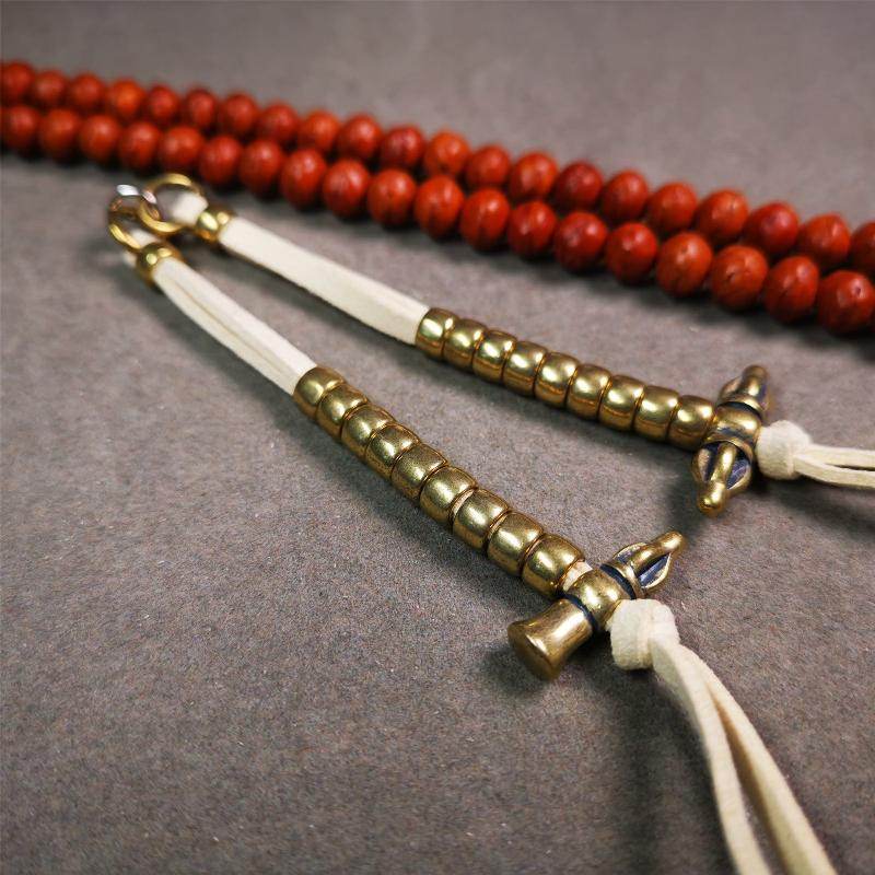 7mm Brass Prayer Bead Counters with Vajra and Bell Pendant - Tibetan Buddhist vajra, close-up detail