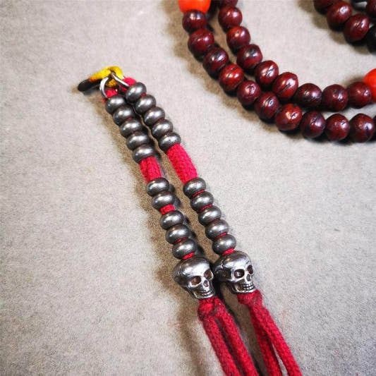 7mm Cold Iron Prayer Bead Counters with Skull Pendant - Tibetan Buddhist art, front view