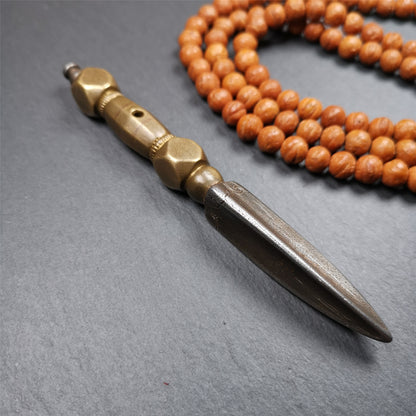 Gandhanra Handmade Tibetan Buddhist Ritual Implement - Kila -Dorje Phurba,Made of Cold Iron inlaid with Brass,5.1".The handle is made of brass and the blade is made of cold iron,very delicate.Handmade by Tibetan craftsmen from Tibet in 1990's.