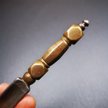 Gandhanra Handmade Tibetan Buddhist Ritual Implement - Kila -Dorje Phurba,Made of Cold Iron inlaid with Brass,5.1".The handle is made of brass and the blade is made of cold iron,very delicate.Handmade by Tibetan craftsmen from Tibet in 1990's.