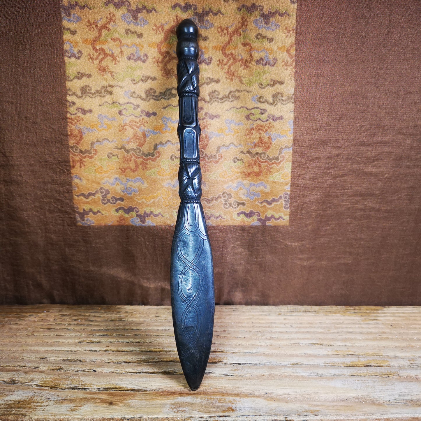 Gandhanra Tibetan Buddhist Ritual Implement - Kila -Dorje Phurba,Made of Cold Iron and Copper.It is 9" length,black type,carved double helix pattern,handmade by Tibetan craftsmen from Tibet in 1990's.