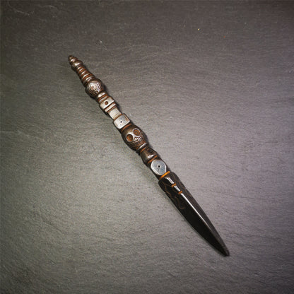 Gandhanra Tibetan Buddhist Ritual Implement - Kila -Dorje Phurba,Made of Cold Iron inlaid Copper,7.5".Its top is a stupa, in the middle is the skull Shmashana Adhipati, and at the bottom is a phurba,handmade by Tibetan craftsmen in 1990's.