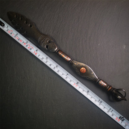 This vajra sword was handmade by Tibetan craftsmen from Tibet in 1990s,from Hepo Town, Baiyu County.  It's a manjusri sword shape,flame shape blade,made of cold iron, carved conch pattern,and the vajra of the tail hanging ring