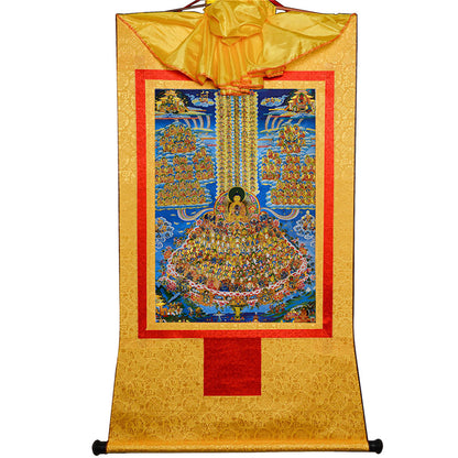 Gandhanra Bronzing Printed Tibetan Thangka Art- Shakyamuni Refuge Tree Thangka, Hand Framed Tibetan Buddhist Thangka Wall Hanging