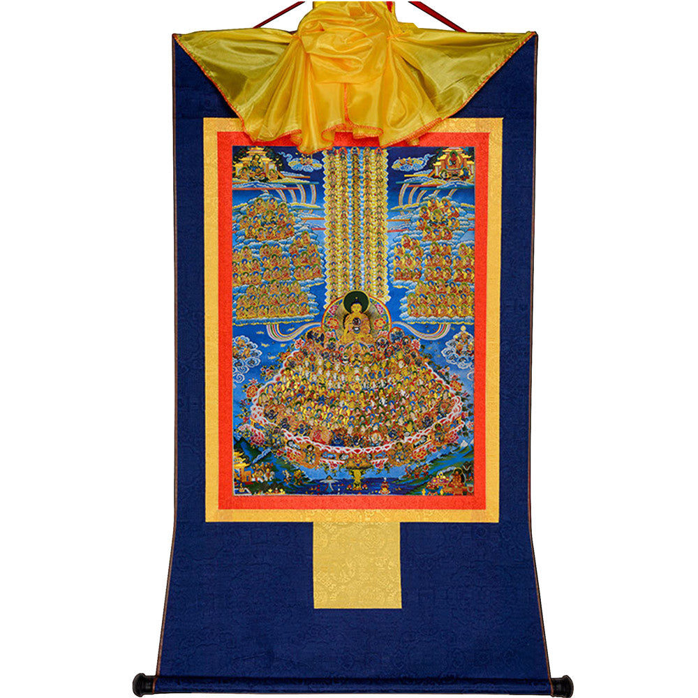 Gandhanra Bronzing Printed Tibetan Thangka Art- Shakyamuni Refuge Tree Thangka, Hand Framed Tibetan Buddhist Thangka Wall Hanging