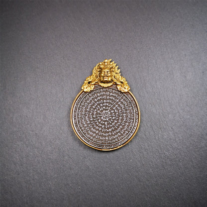 This type of tibetan mantra badge amulet was made by Tibetan craftsmen and come from Hepo Town, Baiyu County, Tibet.It is made of cold iron,grey color,carved mantra of Om Mani Padme Hum  It adopts a split casting method, the shell is Mahakala.
