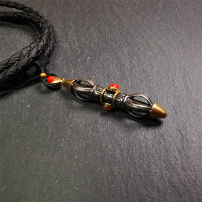 This unique vajra pendant was handmade by Tibetan craftsmen from Tibet in 1990s,from Hepo Town, Baiyu County, the birthplace of the famous Tibetan handicrafts. It is five-pronged Vajra,made of cold iron, 1.96 inch height.