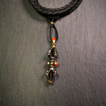 This unique vajra pendant was handmade by Tibetan craftsmen from Tibet in 1990's,from Hepo Town, Baiyu County, the birthplace of the famous Tibetan handicrafts. It is five-pronged Vajra,made of cold iron, 1.77 inch height.Comes with leather cord. You can make it a necklace, pendant, keychain, mala pendant, or just as an ornament on your desk.