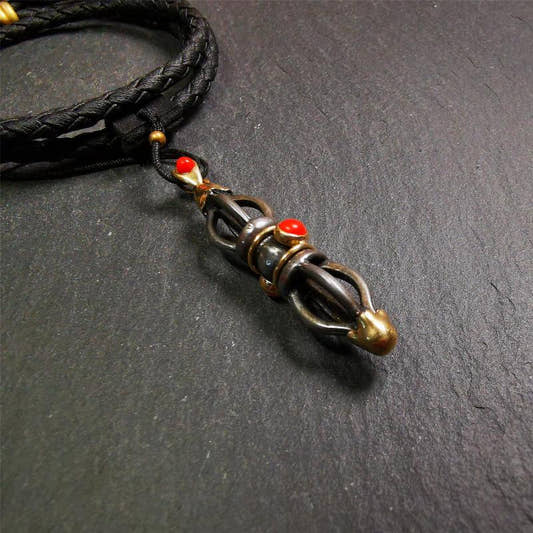 Five-pronged Vajra Necklace 1.77" - Tibetan Buddhist bead necklace, front view