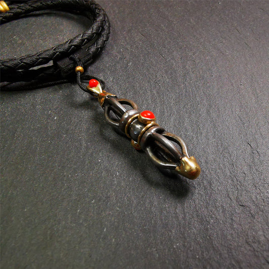 This unique vajra pendant was handmade by Tibetan craftsmen from Tibet in 1990s,from Hepo Town, Baiyu County, the birthplace of the famous Tibetan handicrafts. It is five-pronged Vajra,made of cold iron, 1.77 inch height.Comes with leather cord.