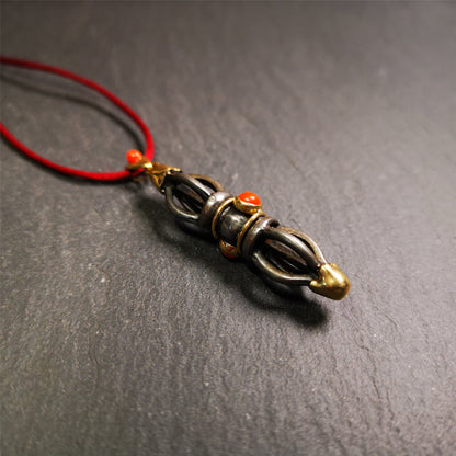 This unique vajra pendant was handmade by Tibetan craftsmen from Tibet in 1990s,from Hepo Town, Baiyu County, the birthplace of the famous Tibetan handicrafts. It is five-pronged Vajra,made of cold iron, 1.77 inch height.Comes with leather cord.