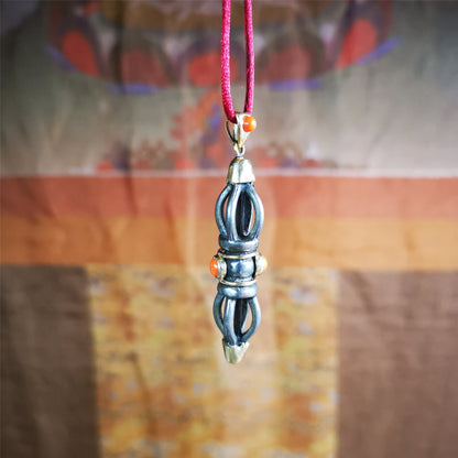 This unique vajra pendant was handmade by Tibetan craftsmen from Tibet in 1990s,from Hepo Town, Baiyu County, the birthplace of the famous Tibetan handicrafts. It is five-pronged Vajra,made of cold iron, 1.77 inch height.Comes with leather cord.