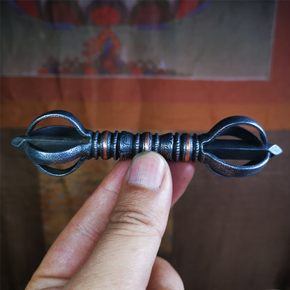 These beautiful vajra were handmade by Tibetan craftsmen from Tibet in 1990's,from Hepo Town, Baiyu County, the birthplace of the famous Tibetan handicrafts. It is five-pronged vajra,made of cold iron,inlaid copper wire,black color.