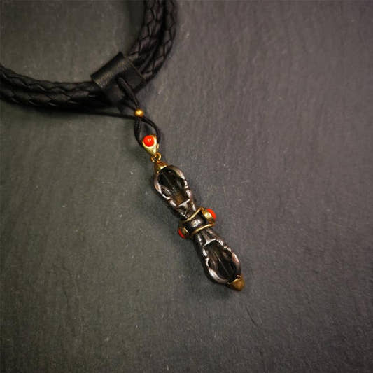 Five-pronged Vajra Necklace 1.77" - Tibetan Buddhist bead necklace, front view