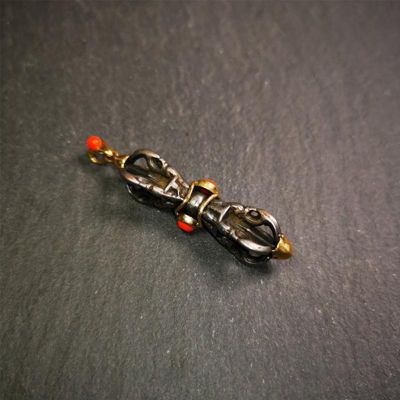 This unique vajra pendant was handmade by Tibetan craftsmen from Tibet in 1990's,from Hepo Town, Baiyu County, the birthplace of the famous Tibetan handicrafts. It is five-pronged Vajra,made of cold iron, 1.77 inch height.Comes with leather cord. You can make it a necklace, pendant, keychain, mala pendant, or just as an ornament on your desk.