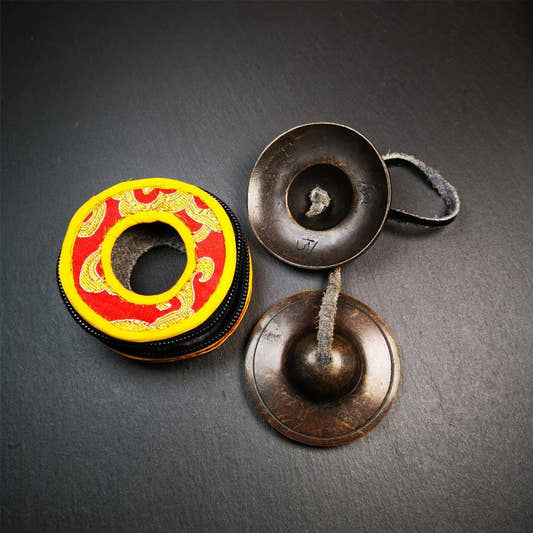 Special Brass Tingsha Set - 2.6" - Tibetan Buddhist art, front view