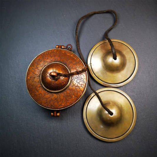 Bronze Tingsha Set - Plain - 3.27" - Tibetan Buddhist art, front view