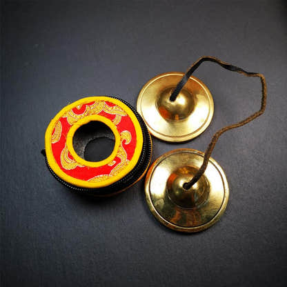 Brass Tingsha Set - Shiny Color - 2.6" - Tibetan Buddhist art, front view