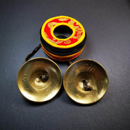 Brass Tingsha Set - Shiny Color - 2.6" - Tibetan Buddhist art, view 4