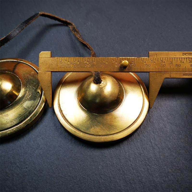 Brass Tingsha Set - Shiny Color - 2.6" - Tibetan Buddhist art, size reference