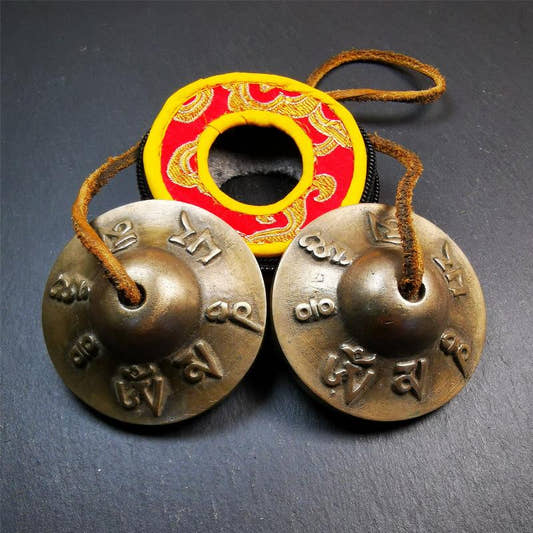 Brass Tingsha Set - OM Mantra - 2.6" - Tibetan Buddhist art, front view