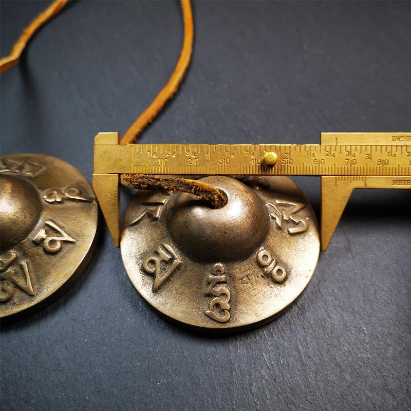Brass Tingsha Set - OM Mantra - 2.6" - Tibetan Buddhist art, size reference