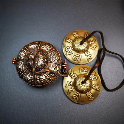 Brass Tingsha Set - OM Mantra - 2.9" - Tibetan Buddhist art, detailed view