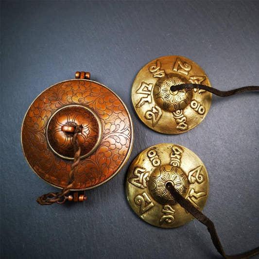 Brass Tingsha Set - OM Mantra - 2.9" - Tibetan Buddhist art, front view