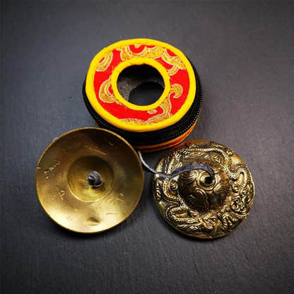 Brass Tingsha Set - Dragon - 2.6" - Tibetan Buddhist art, detailed view
