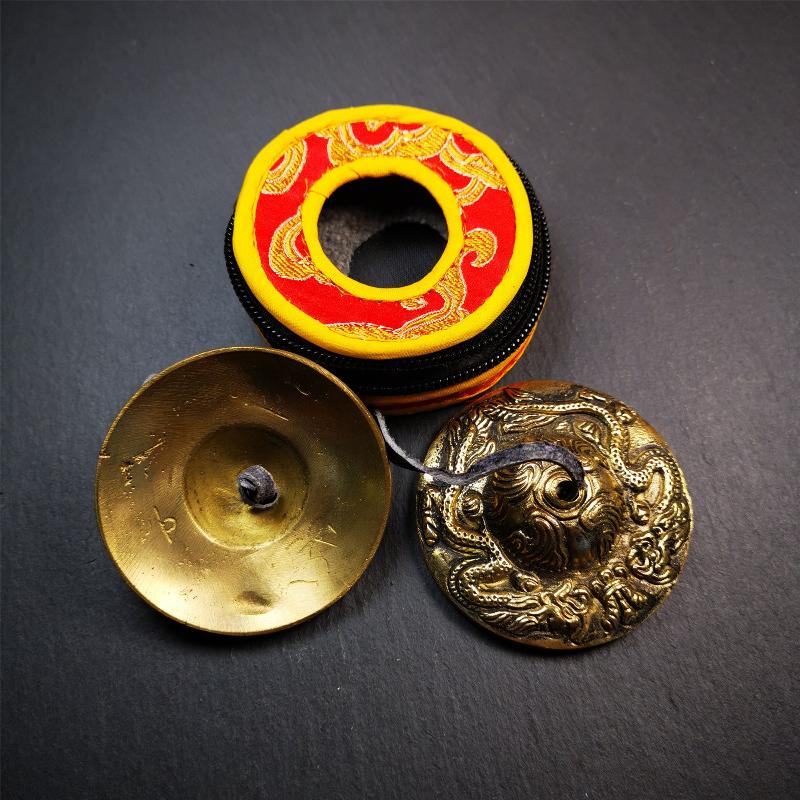 Brass Tingsha Set - Dragon - 2.6" - Tibetan Buddhist art, detailed view