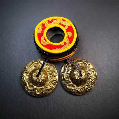 Brass Tingsha Set - Dragon - 2.6" - Tibetan Buddhist art, front view