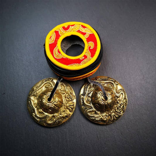 Brass Tingsha Set - Dragon - 2.6" - Tibetan Buddhist art, front view