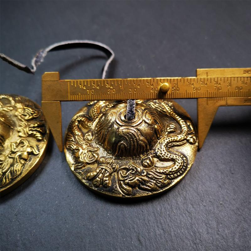Brass Tingsha Set - Dragon - 2.6" - Tibetan Buddhist art, size reference