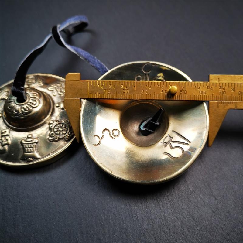 Bronze Tingsha Set - Astamangal - 2.7" - Tibetan Buddhist art, size reference