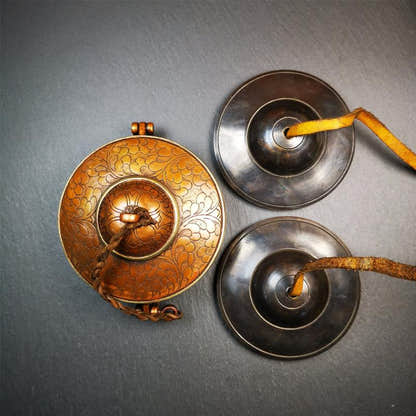 Black Tingsha Set - Plain - 3.35" - Tibetan Buddhist art, close-up detail