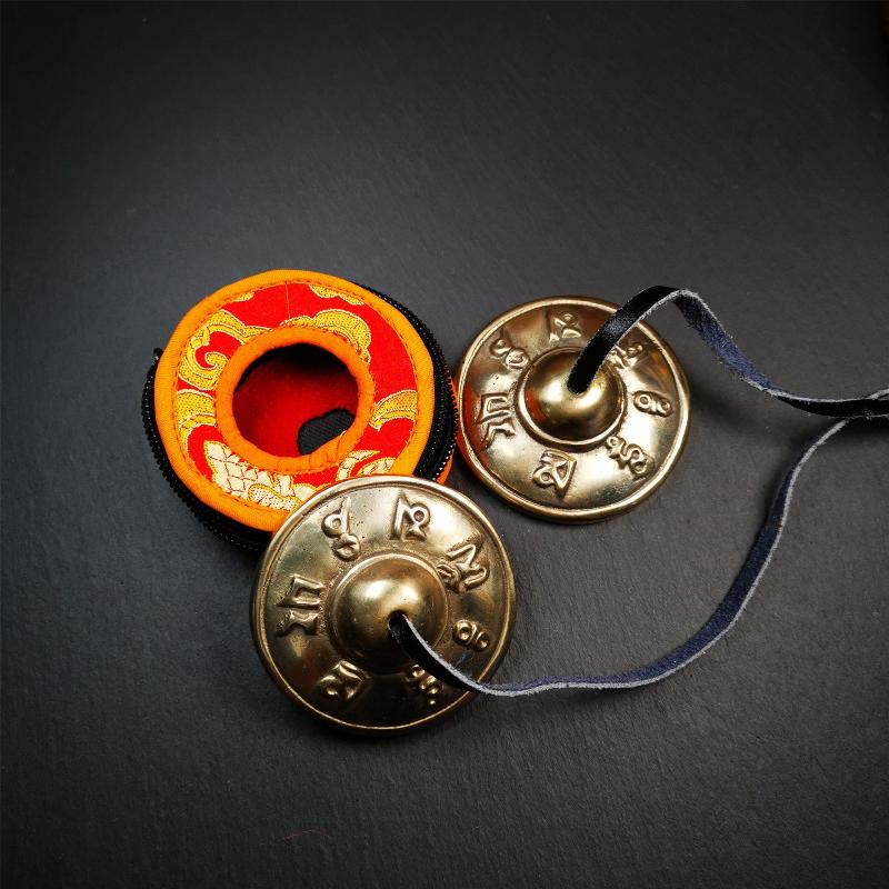Bronze Tingsha Set - Om Mantra - 2.7" - Tibetan Buddhist art, view 4