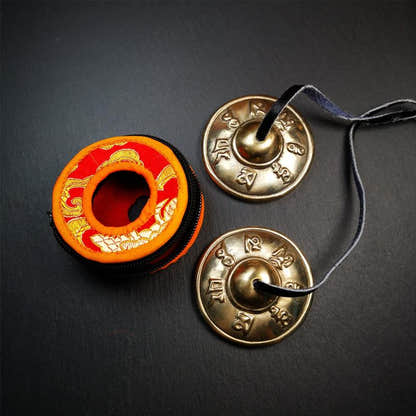 Bronze Tingsha Set - Om Mantra - 2.7" - Tibetan Buddhist art, detailed view