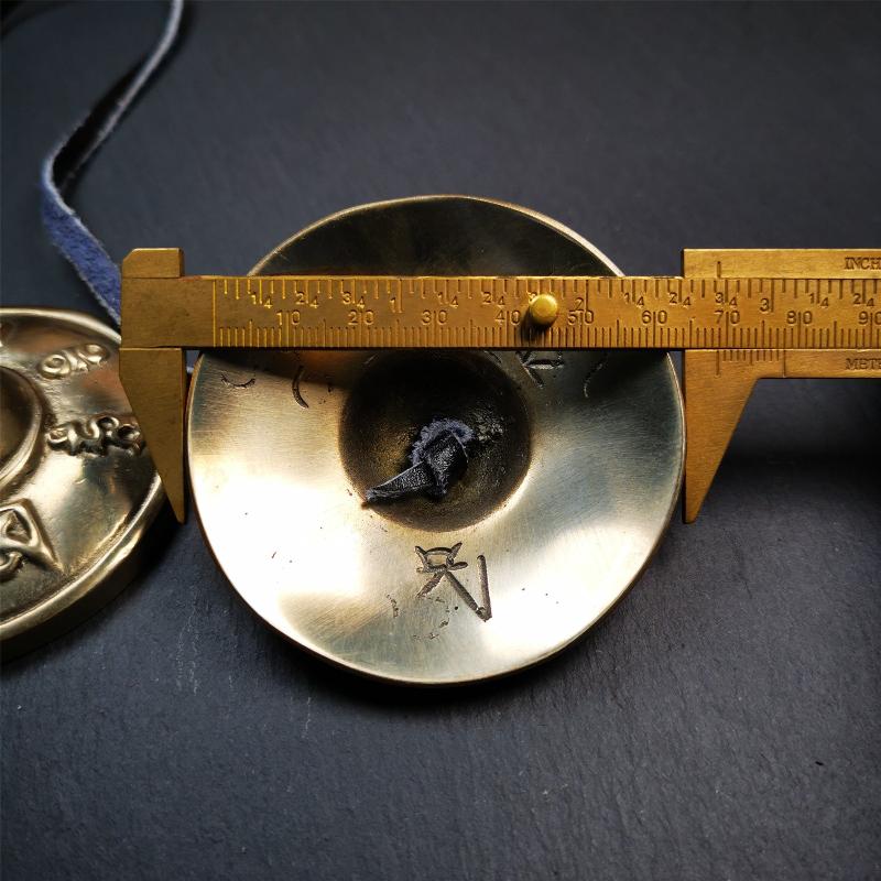 Bronze Tingsha Set - Om Mantra - 2.7" - Tibetan Buddhist art, size reference