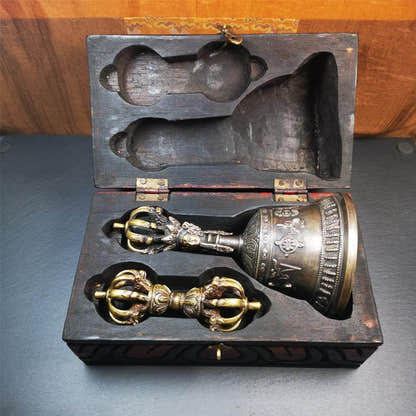 Vintage Vajra and Bell Set - Tibetan Buddhist vajra, close-up detail