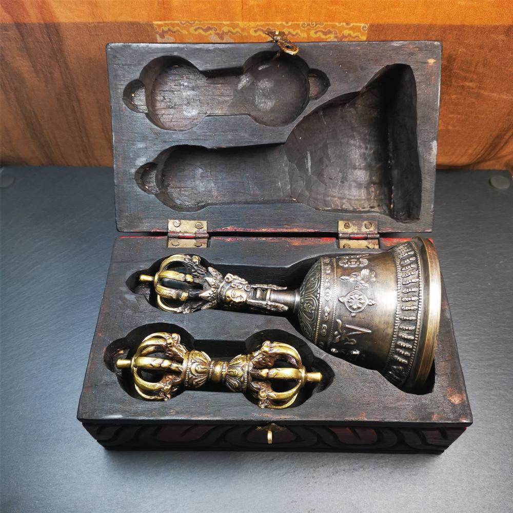 Vintage Vajra and Bell Set - Tibetan Buddhist vajra, close-up detail