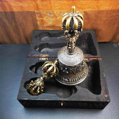 Vintage Vajra and Bell Set - Tibetan Buddhist vajra, detailed view