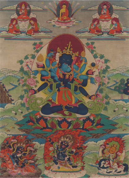 Guhyasamaja in Yab Yum - Tibetan thangka painting, front view