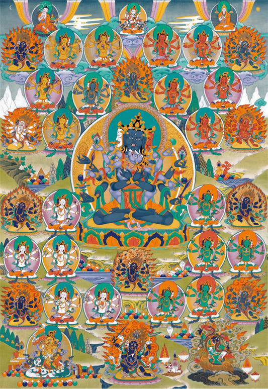 Guhyasamaja in Yab Yum - Tibetan thangka painting, front view