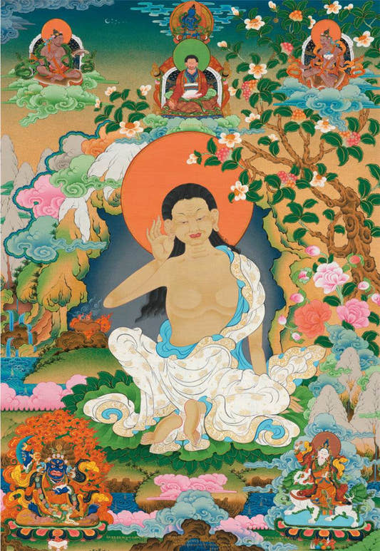 Jetsun Milarepa - Tibetan thangka painting, front view